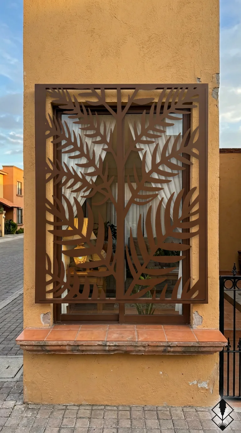 Celosía Palma Tropical en protección de ventana chocolate, corte láser CNC en acero · Prometeus