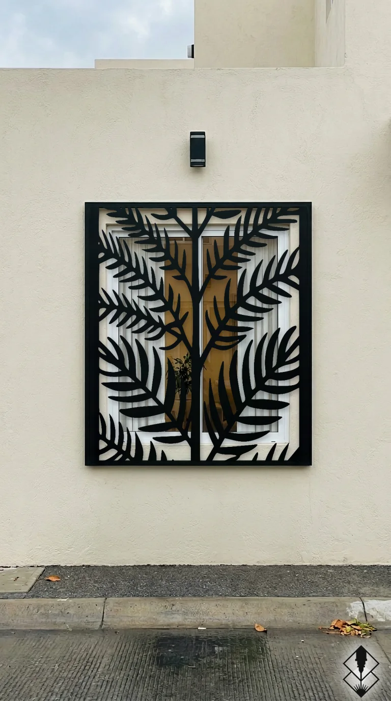 Celosía Palma Tropical en protección de ventana negro, corte láser CNC en acero · Prometeus