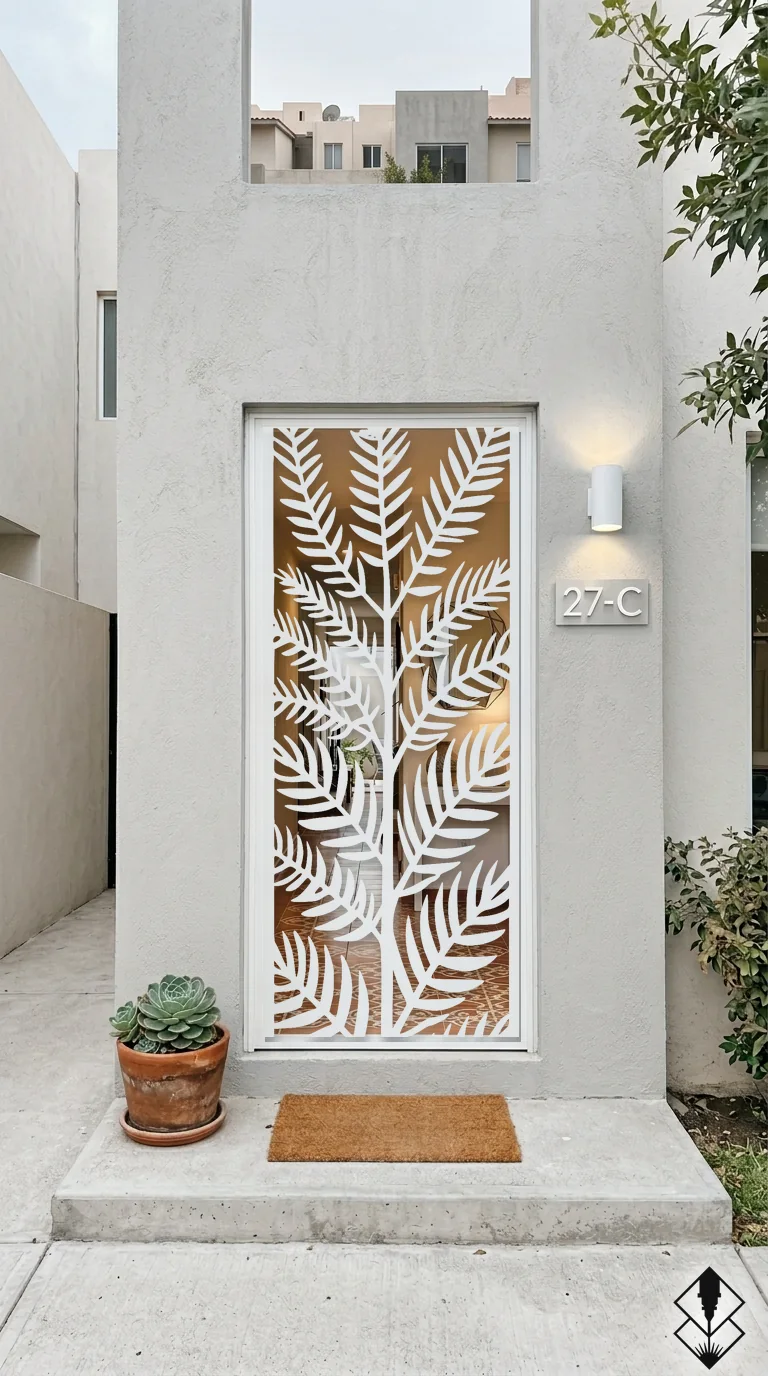 Celosía Palma Tropical en puerta blanco, corte láser CNC en acero · Prometeus