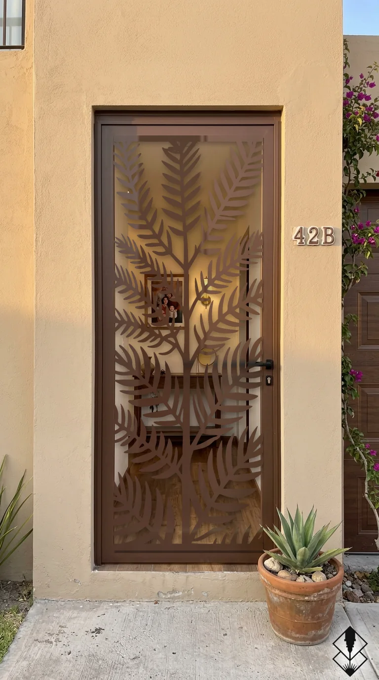 Celosía Palma Tropical en puerta chocolate, corte láser CNC en acero · Prometeus