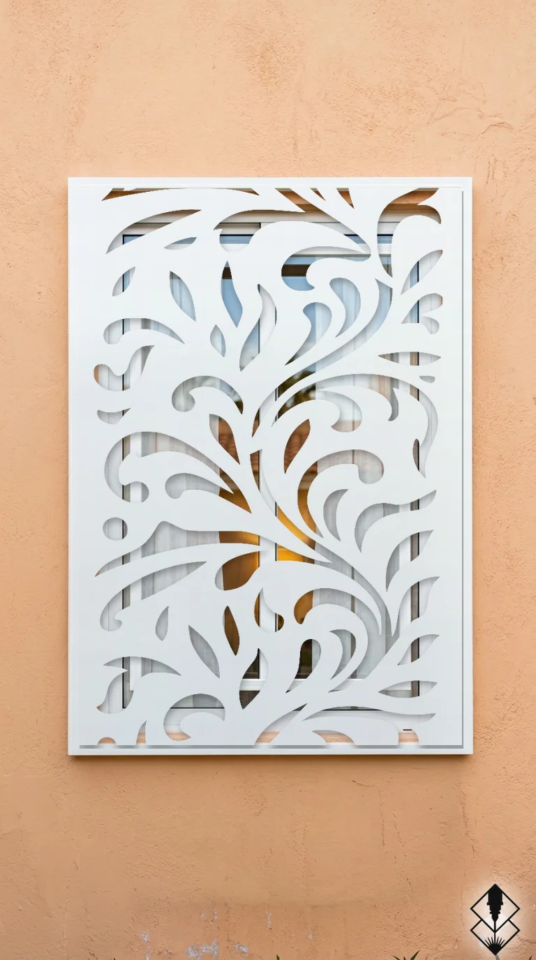 Celosía Pastal en protección de ventana blanco, corte láser CNC en acero · Prometeus