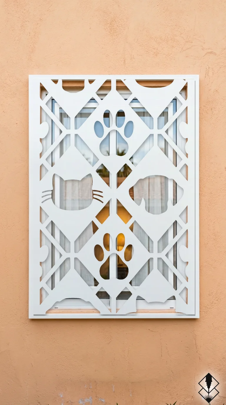 Celosía Perros Y Gatos Amplio en protección de ventana blanco, corte láser CNC en acero · Prometeus