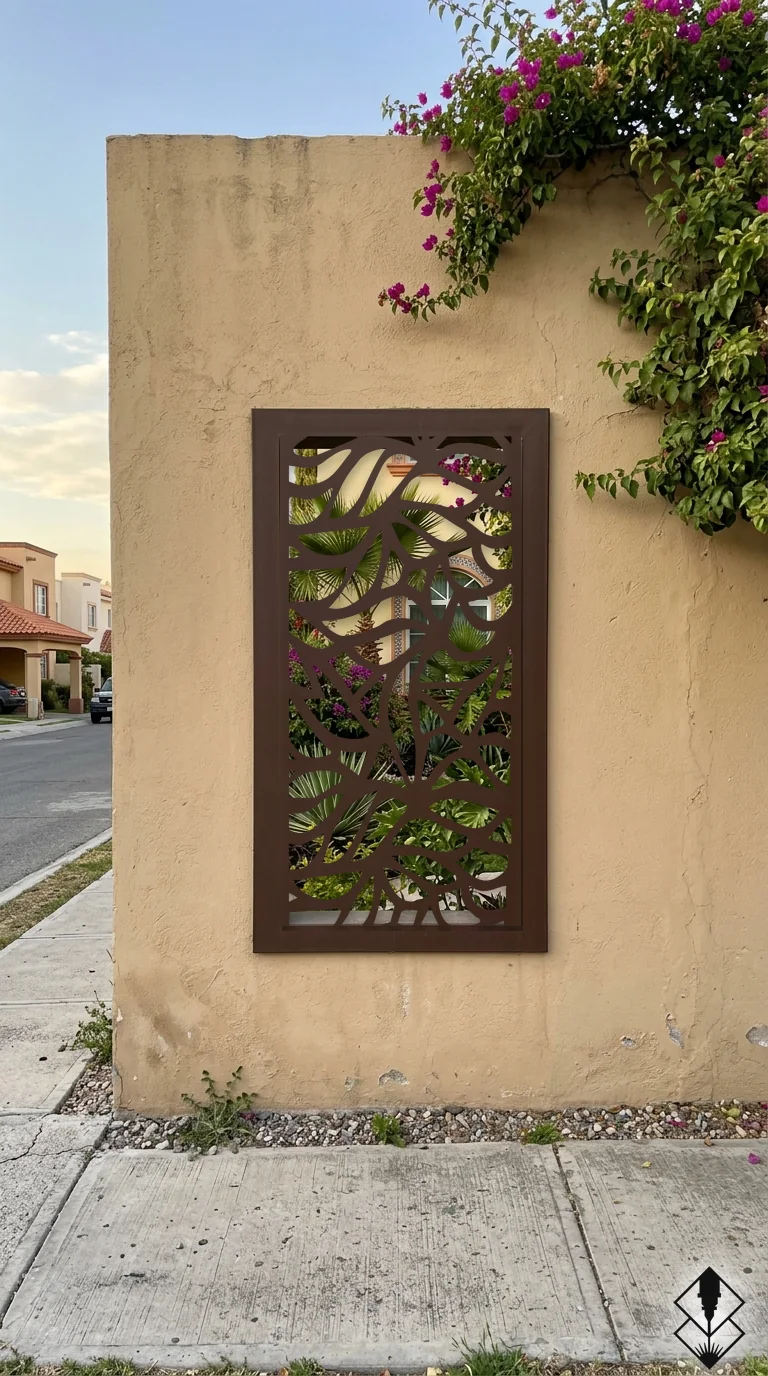 Celosía Petalos en mampara de exterior chocolate, corte láser CNC en acero · Prometeus