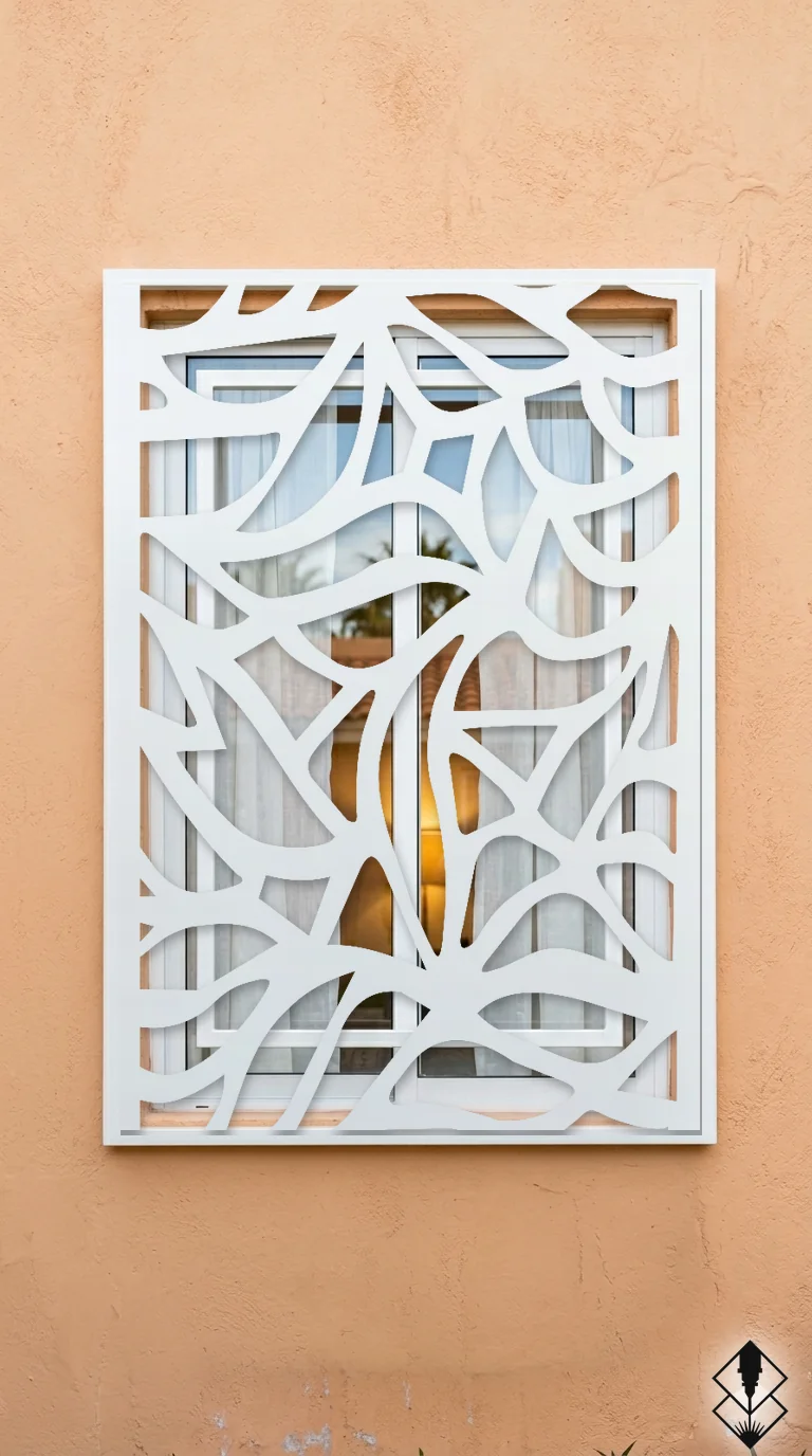Celosía Petalos en protección de ventana blanco, corte láser CNC en acero · Prometeus