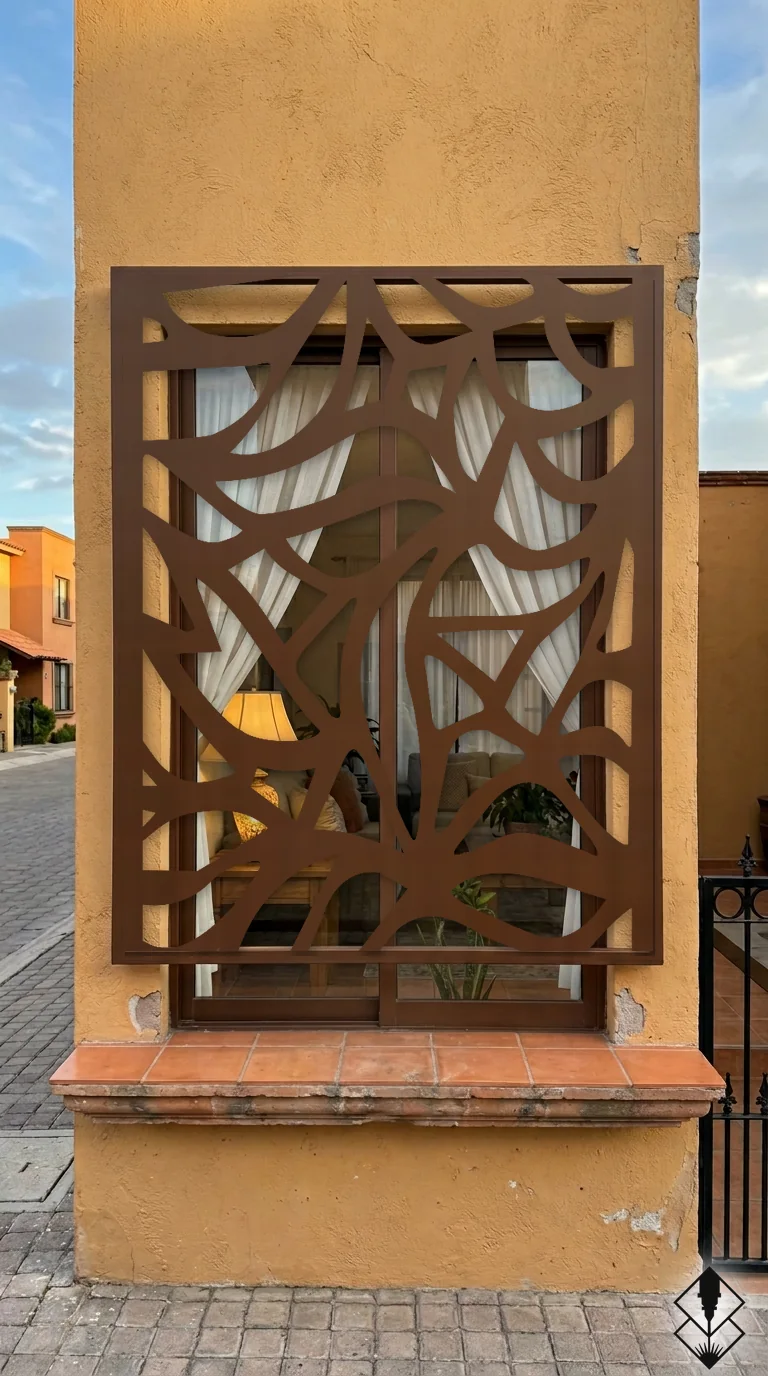 Celosía Petalos en protección de ventana chocolate, corte láser CNC en acero · Prometeus