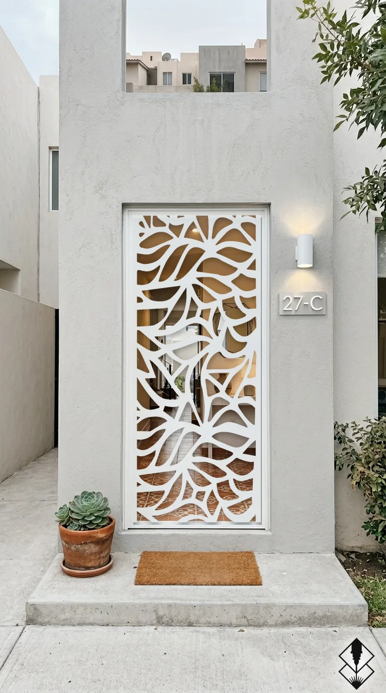 Celosía Petalos en puerta blanco, corte láser CNC en acero · Prometeus