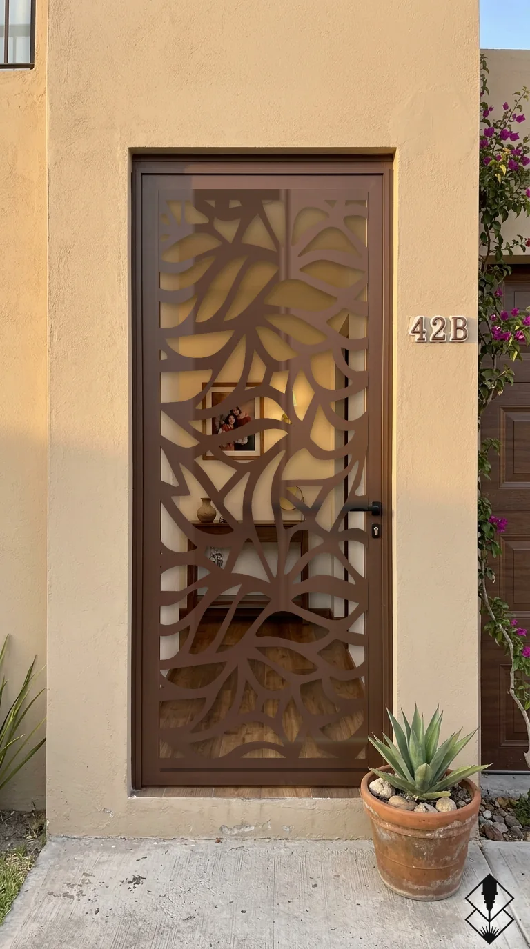 Celosía Petalos en puerta chocolate, corte láser CNC en acero · Prometeus