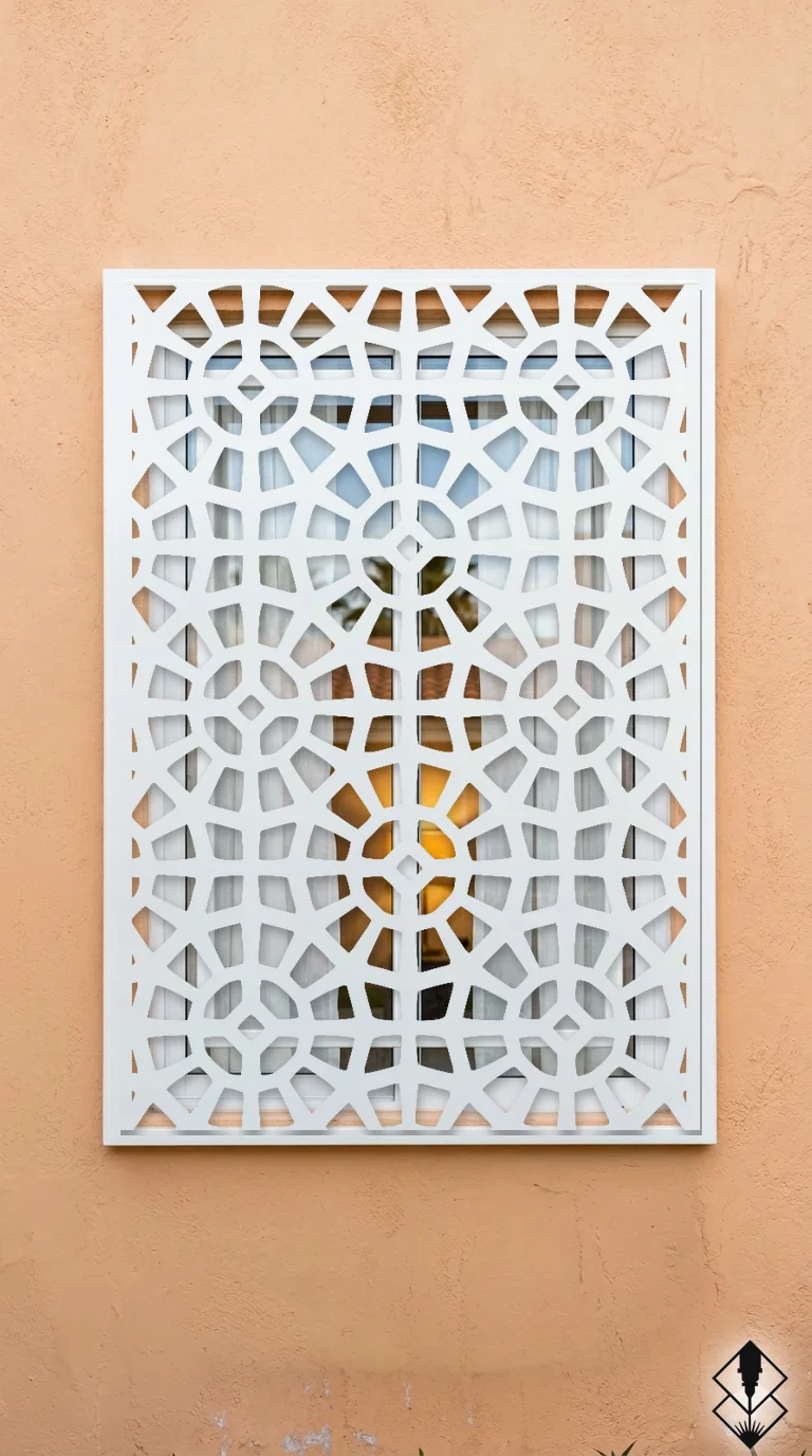 Celosía Prisma en protección de ventana blanco, corte láser CNC en acero · Prometeus