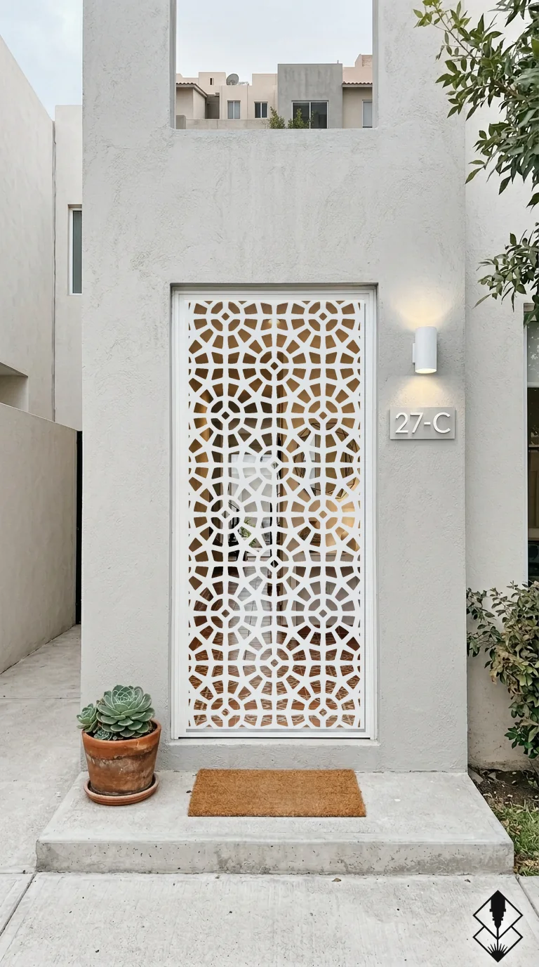 Celosía Prisma en puerta blanco, corte láser CNC en acero · Prometeus