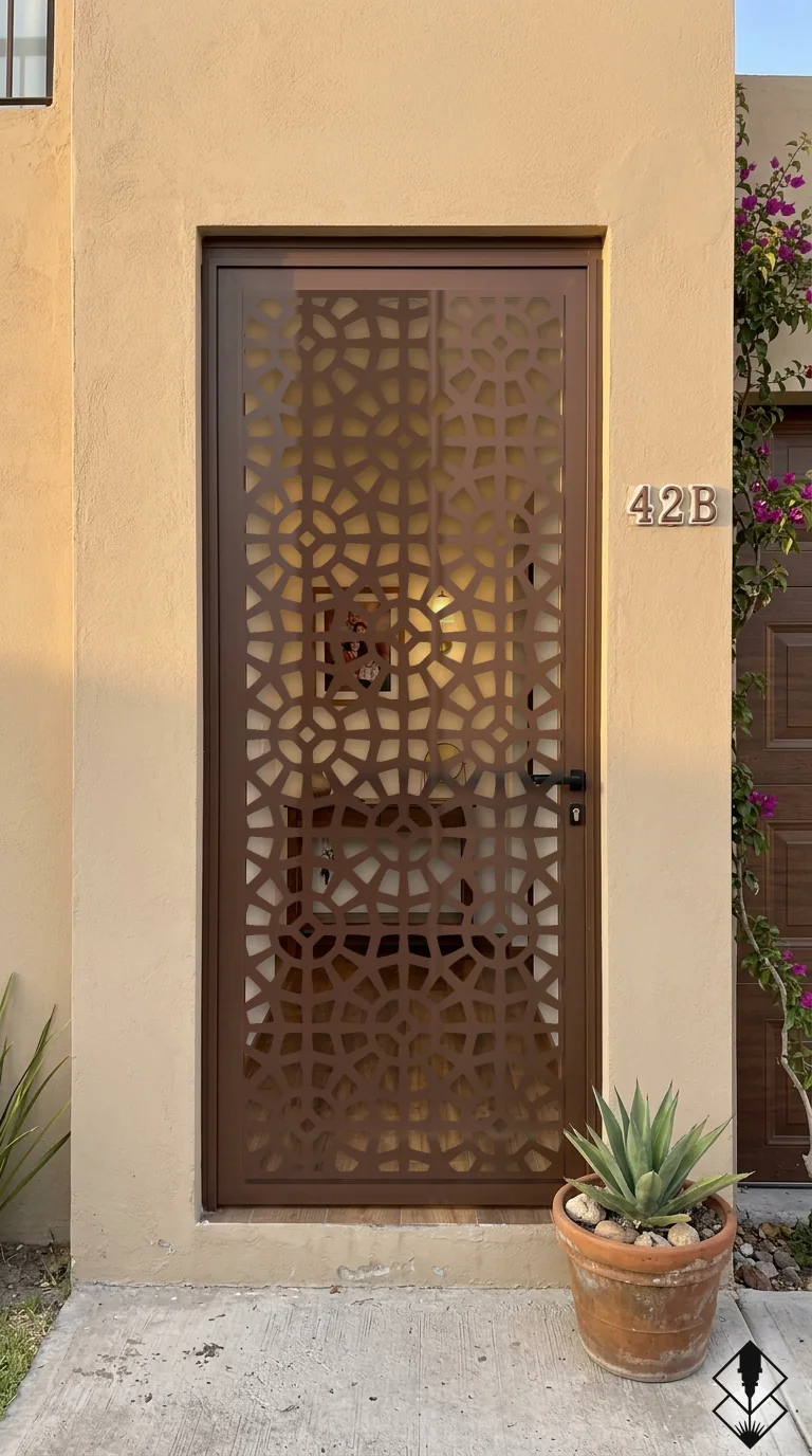 Celosía Prisma en puerta chocolate, corte láser CNC en acero · Prometeus