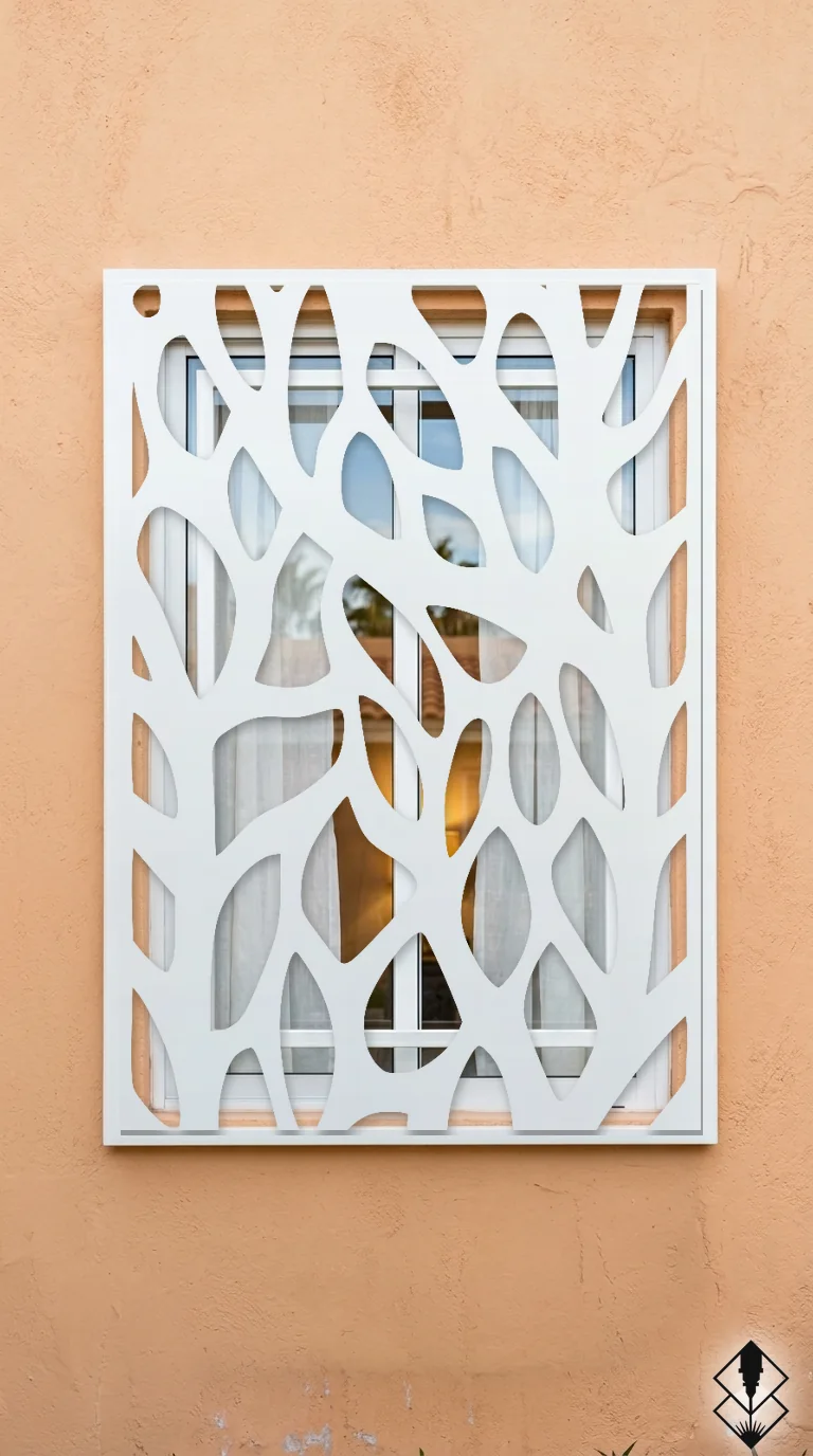Celosía Ramificacion en protección de ventana blanco, corte láser CNC en acero · Prometeus