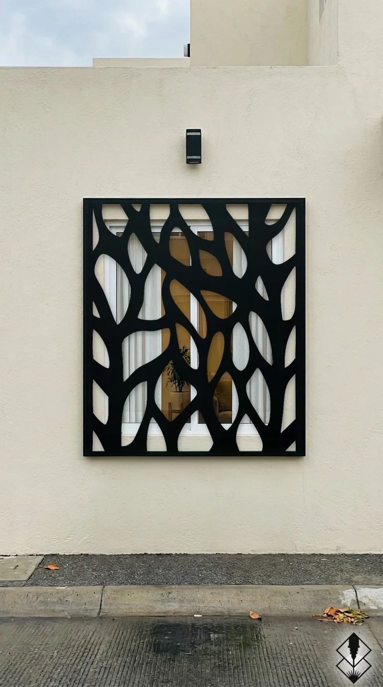 Celosía Ramificacion en protección de ventana negro, corte láser CNC en acero · Prometeus