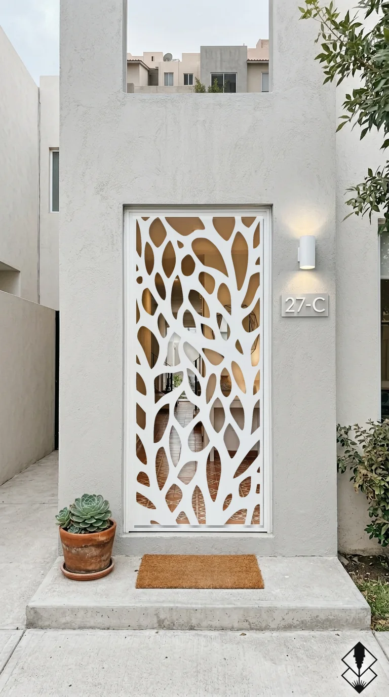 Celosía Ramificacion en puerta blanco, corte láser CNC en acero · Prometeus