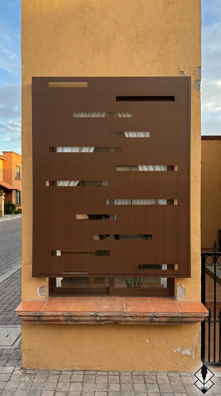 Celosía Ranuras en protección de ventana chocolate, corte láser CNC en acero · Prometeus