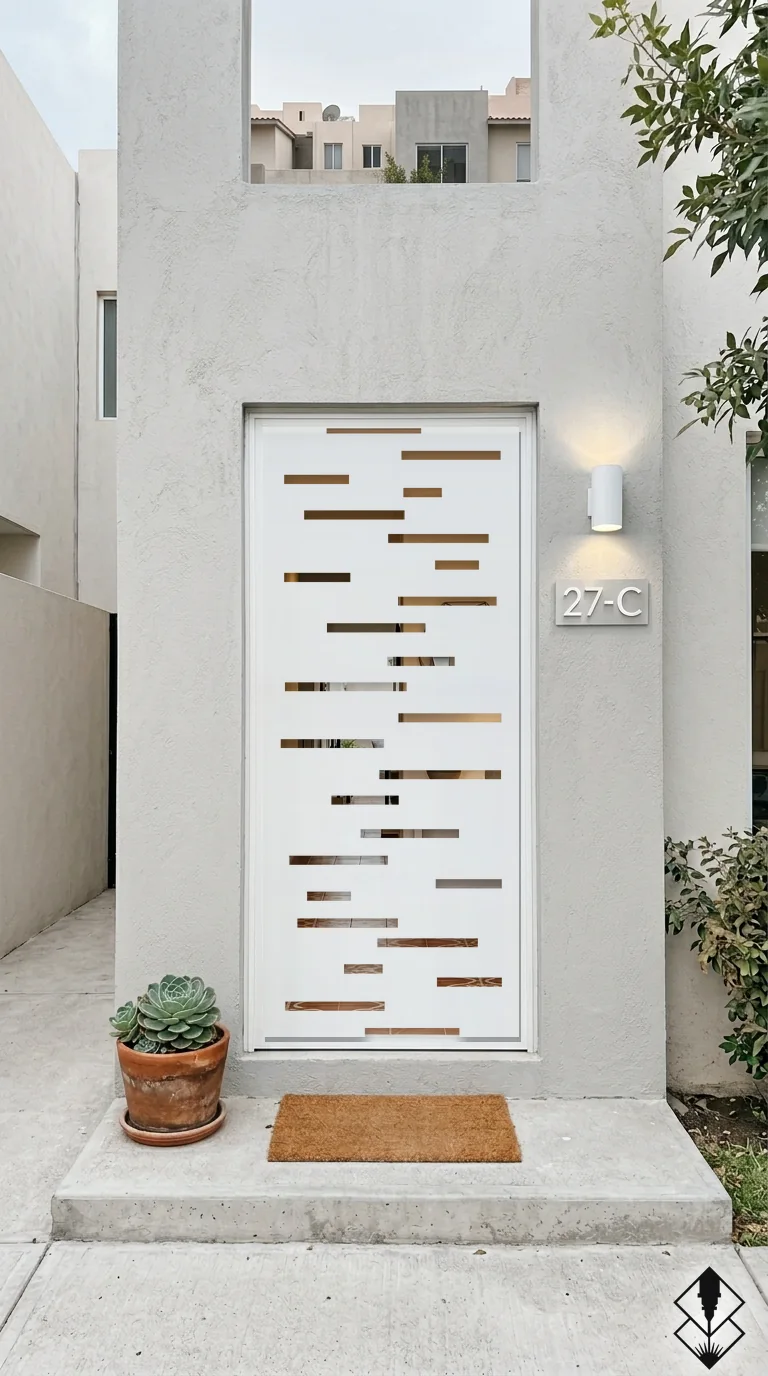 Celosía Ranuras en puerta blanco, corte láser CNC en acero · Prometeus