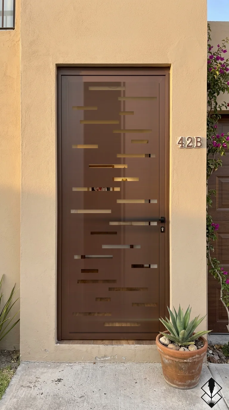 Celosía Ranuras en puerta chocolate, corte láser CNC en acero · Prometeus