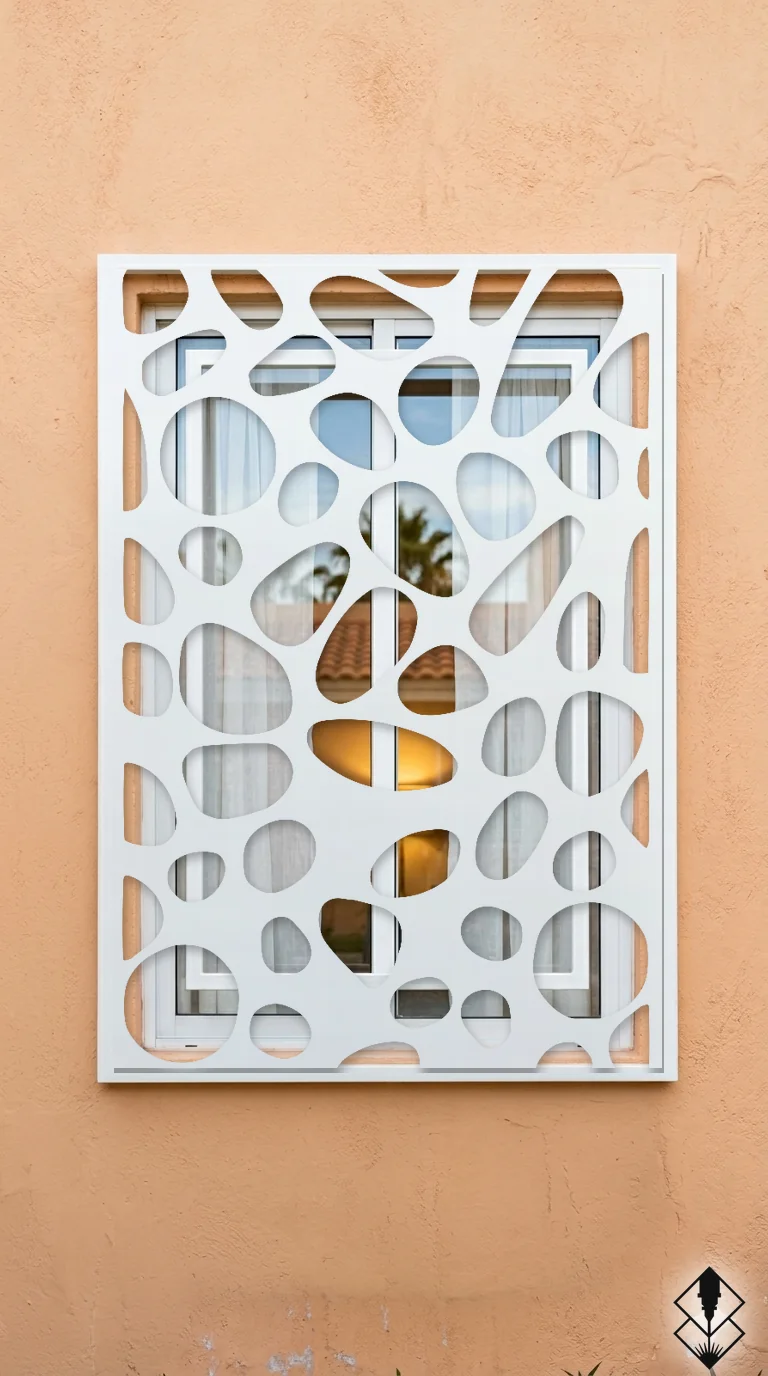 Celosía Rio en protección de ventana blanco, corte láser CNC en acero · Prometeus