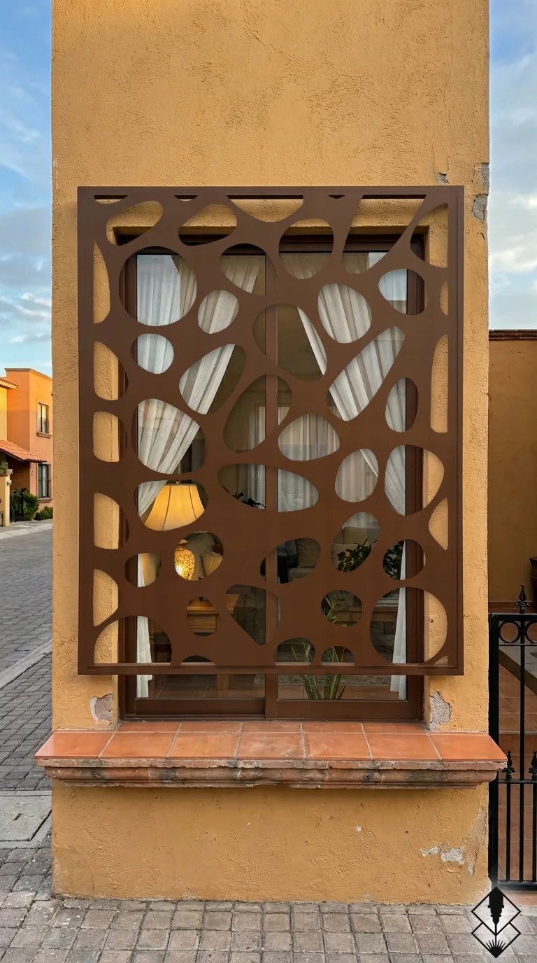 Celosía Rio en protección de ventana chocolate, corte láser CNC en acero · Prometeus
