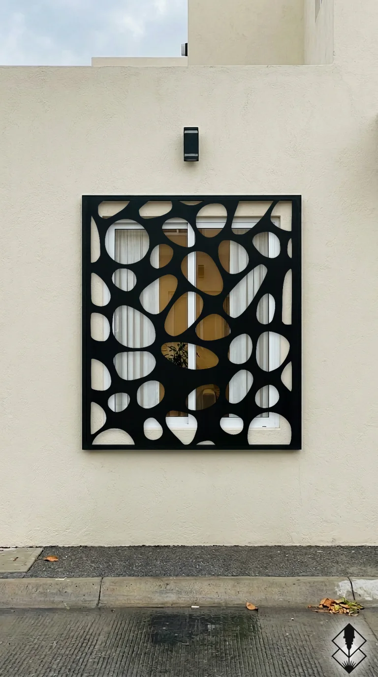 Celosía Rio en protección de ventana negro, corte láser CNC en acero · Prometeus