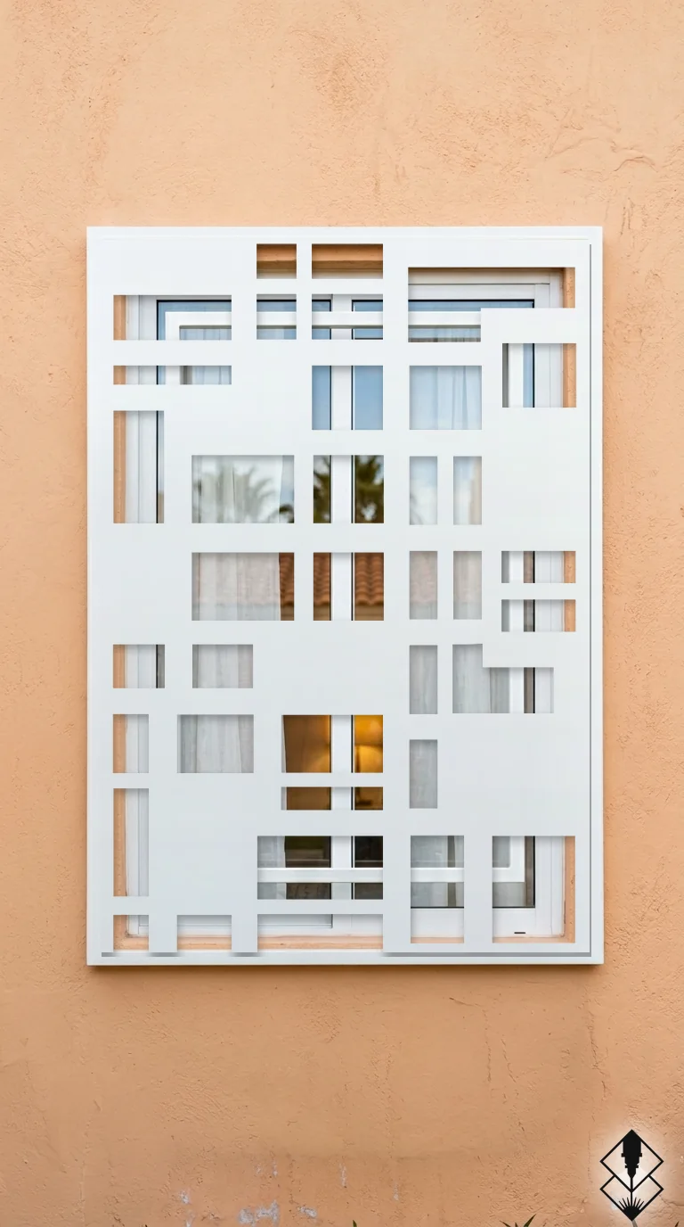 Celosía Seccionado en protección de ventana blanco, corte láser CNC en acero · Prometeus
