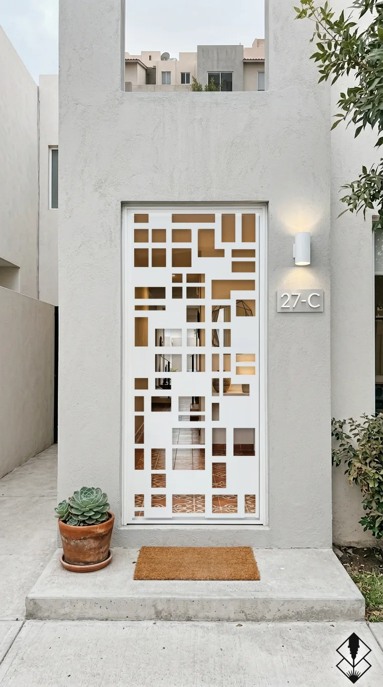 Celosía Seccionado en puerta blanco, corte láser CNC en acero · Prometeus