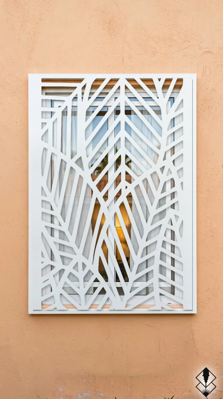 Celosía Selva en protección de ventana blanco, corte láser CNC en acero · Prometeus