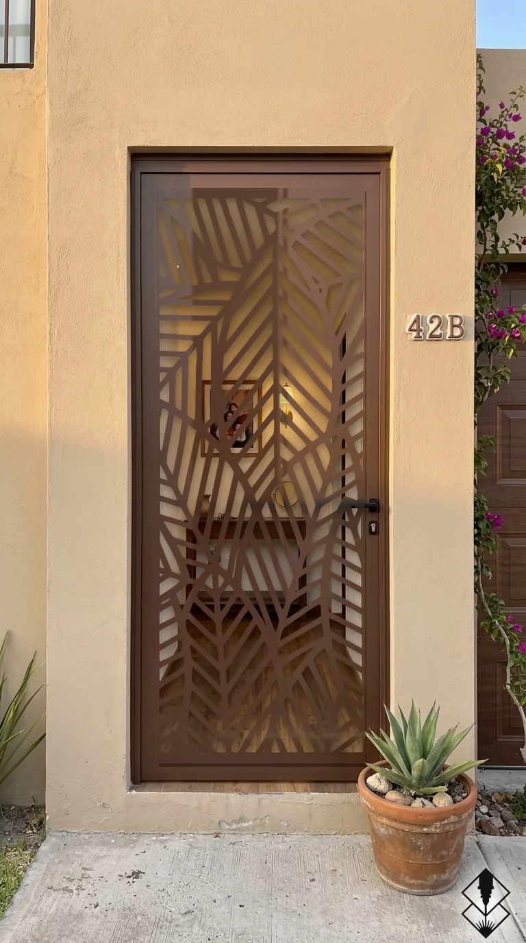 Celosía Selva en puerta chocolate, corte láser CNC en acero · Prometeus