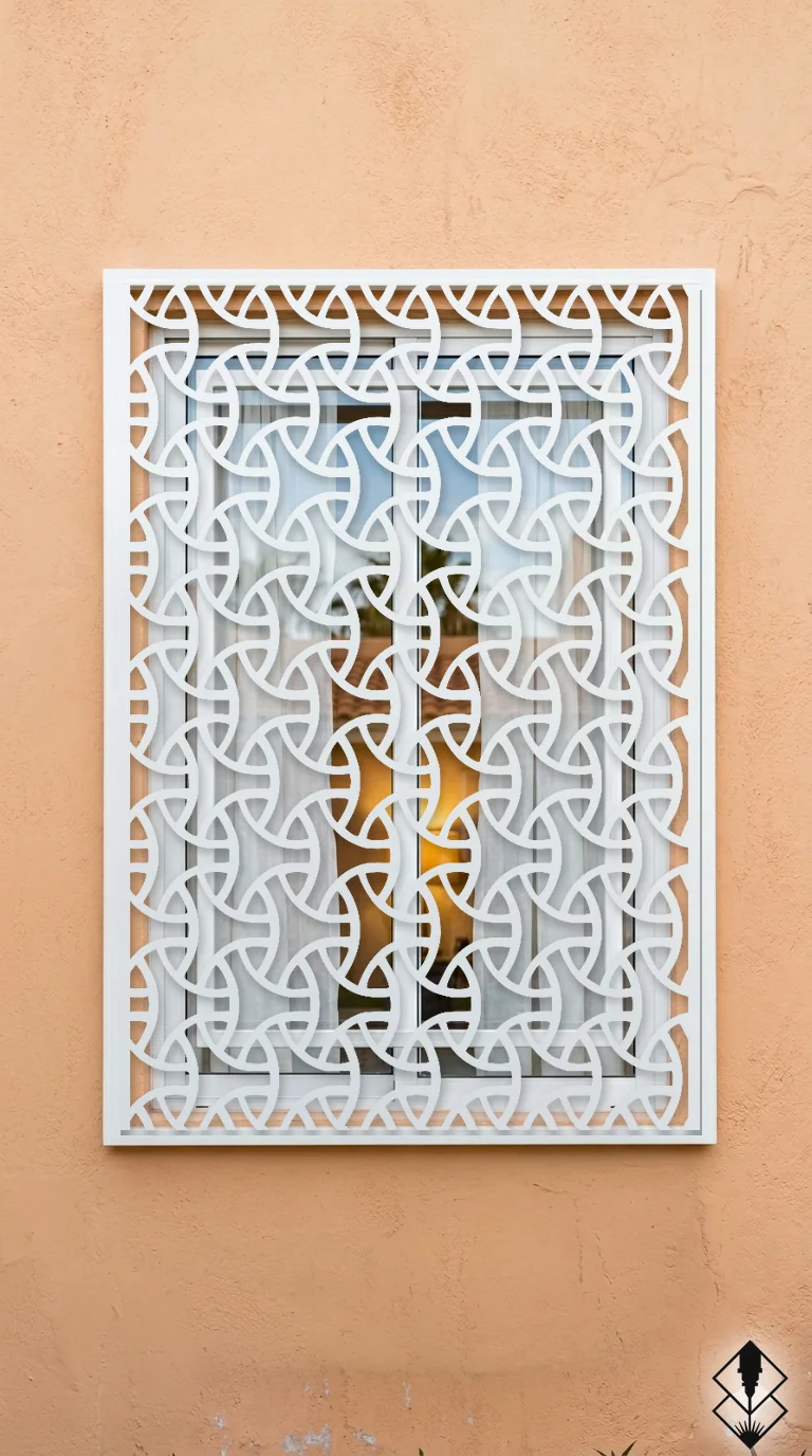 Celosía Spiner en protección de ventana blanco, corte láser CNC en acero · Prometeus