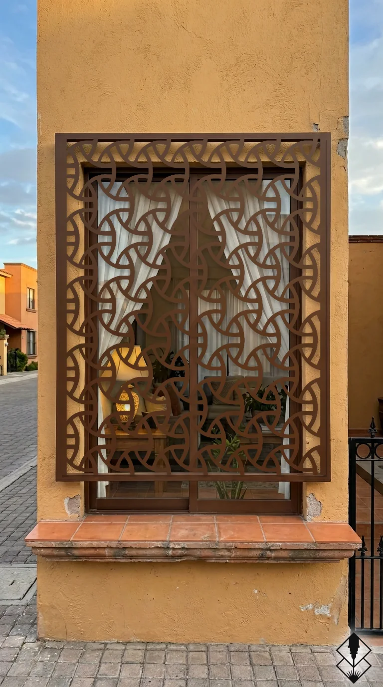 Celosía Spiner en protección de ventana chocolate, corte láser CNC en acero · Prometeus