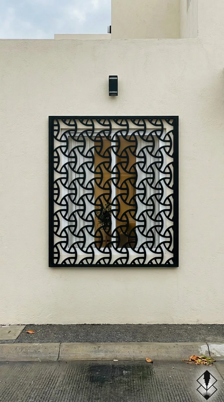 Celosía Spiner en protección de ventana negro, corte láser CNC en acero · Prometeus