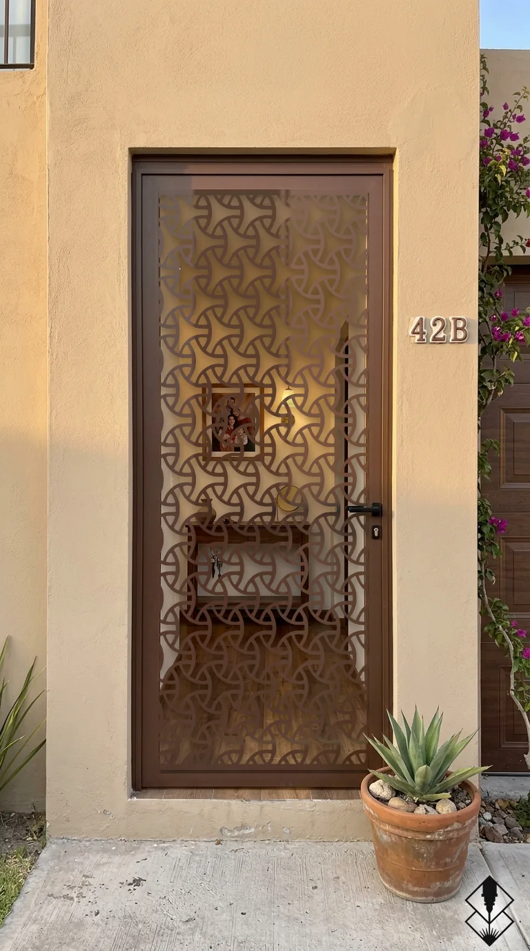 Celosía Spiner en puerta chocolate, corte láser CNC en acero · Prometeus