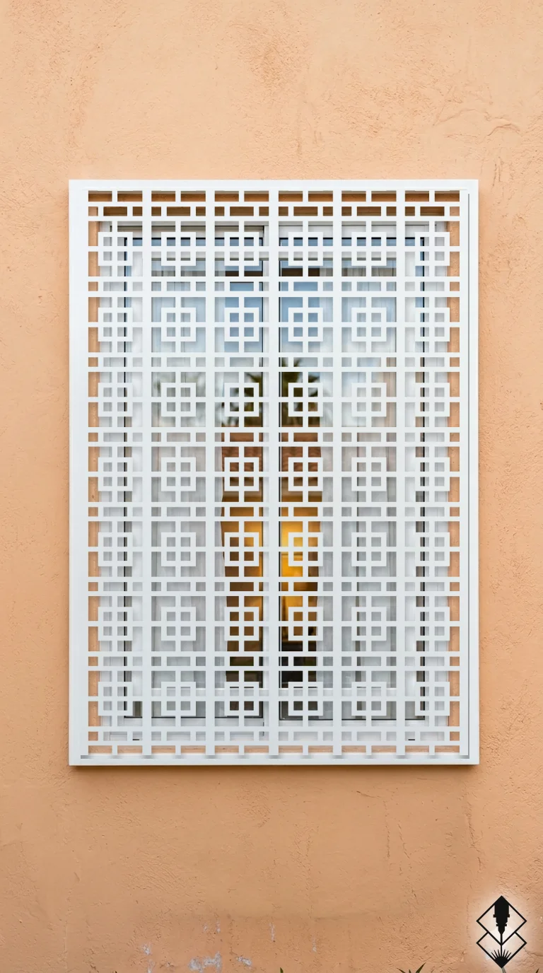 Celosía Teselado en protección de ventana blanco, corte láser CNC en acero · Prometeus