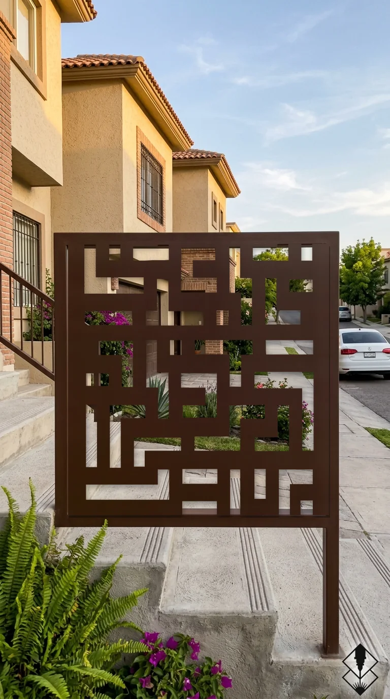 Celosía Tetris en barandal chocolate, corte láser CNC en acero · Prometeus