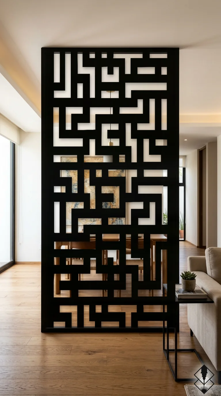 Celosía Tetris en mampara negro, corte láser CNC en acero · Prometeus