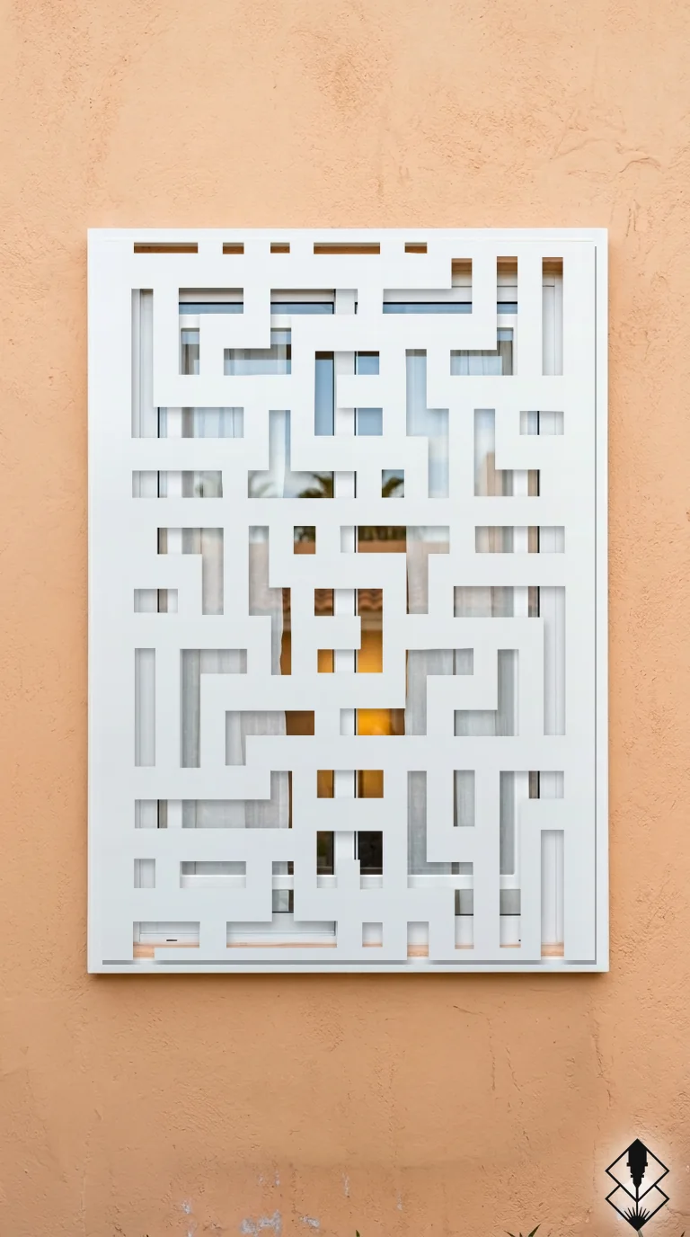 Celosía Tetris en protección de ventana blanco, corte láser CNC en acero · Prometeus