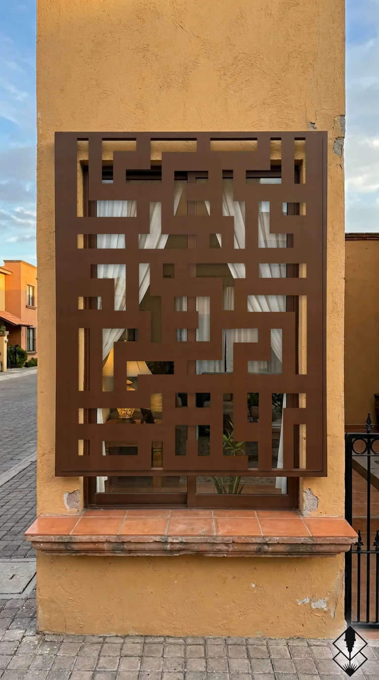 Celosía Tetris en protección de ventana chocolate, corte láser CNC en acero · Prometeus