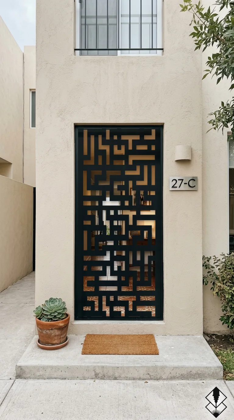 Celosía Tetris en puerta negro, corte láser CNC en acero · Prometeus