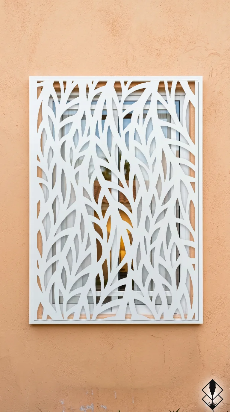 Celosía Trigo 2 en protección de ventana blanco, corte láser CNC en acero · Prometeus