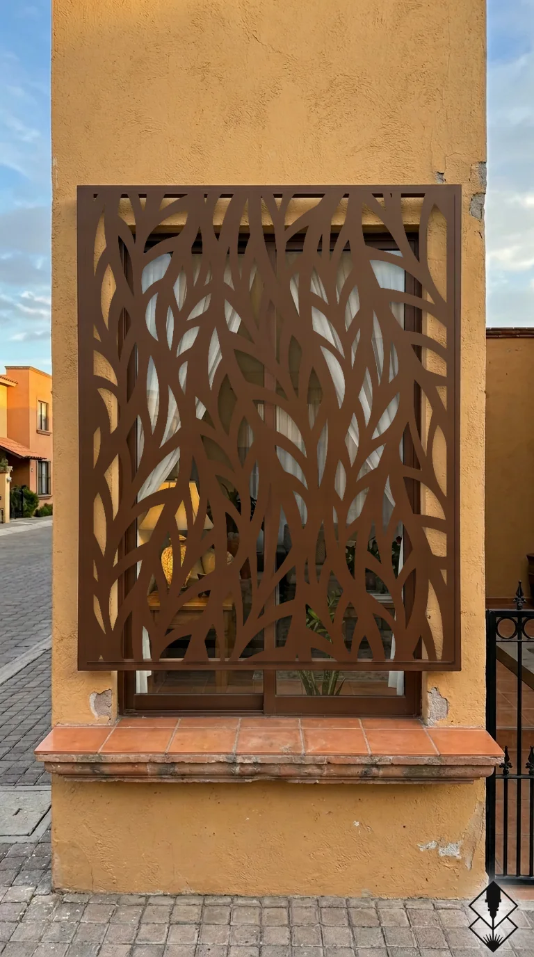 Celosía Trigo 2 en protección de ventana chocolate, corte láser CNC en acero · Prometeus