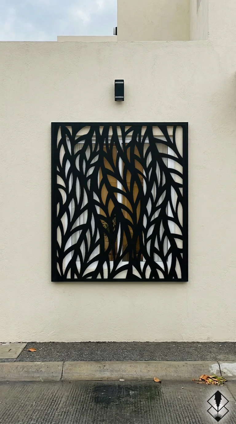 Celosía Trigo 2 en protección de ventana negro, corte láser CNC en acero · Prometeus