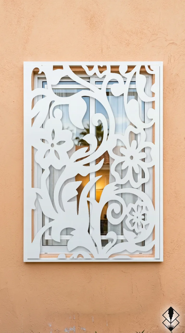 Celosía Tropical en protección de ventana blanco, corte láser CNC en acero · Prometeus