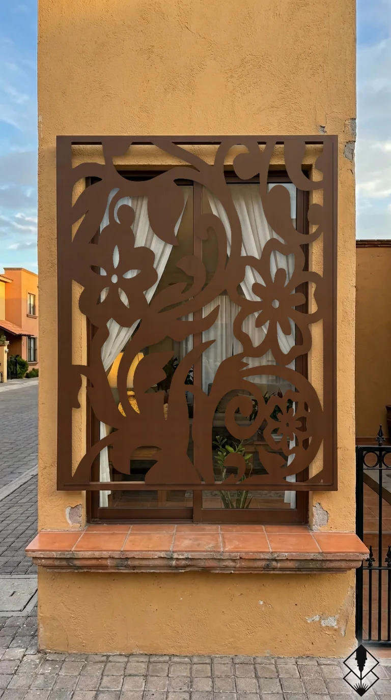 Celosía Tropical en protección de ventana chocolate, corte láser CNC en acero · Prometeus