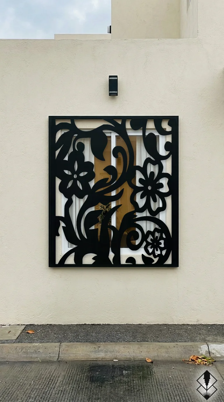 Celosía Tropical en protección de ventana negro, corte láser CNC en acero · Prometeus
