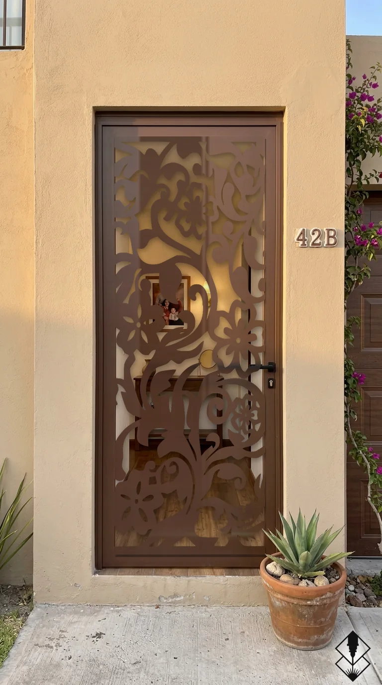 Celosía Tropical en puerta chocolate, corte láser CNC en acero · Prometeus